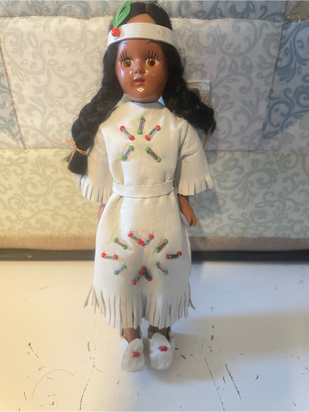 Antique 1950s White Beaded Native-Style‎ Kids Doll with Baby